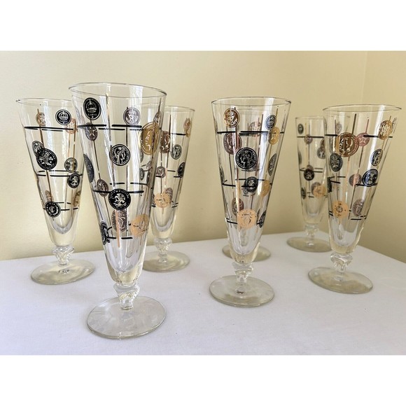 Vintage Libbey Pilsner Beer Glasses Barware 10 oz Coins Black Gold Lot of 7 - Picture 1 of 12